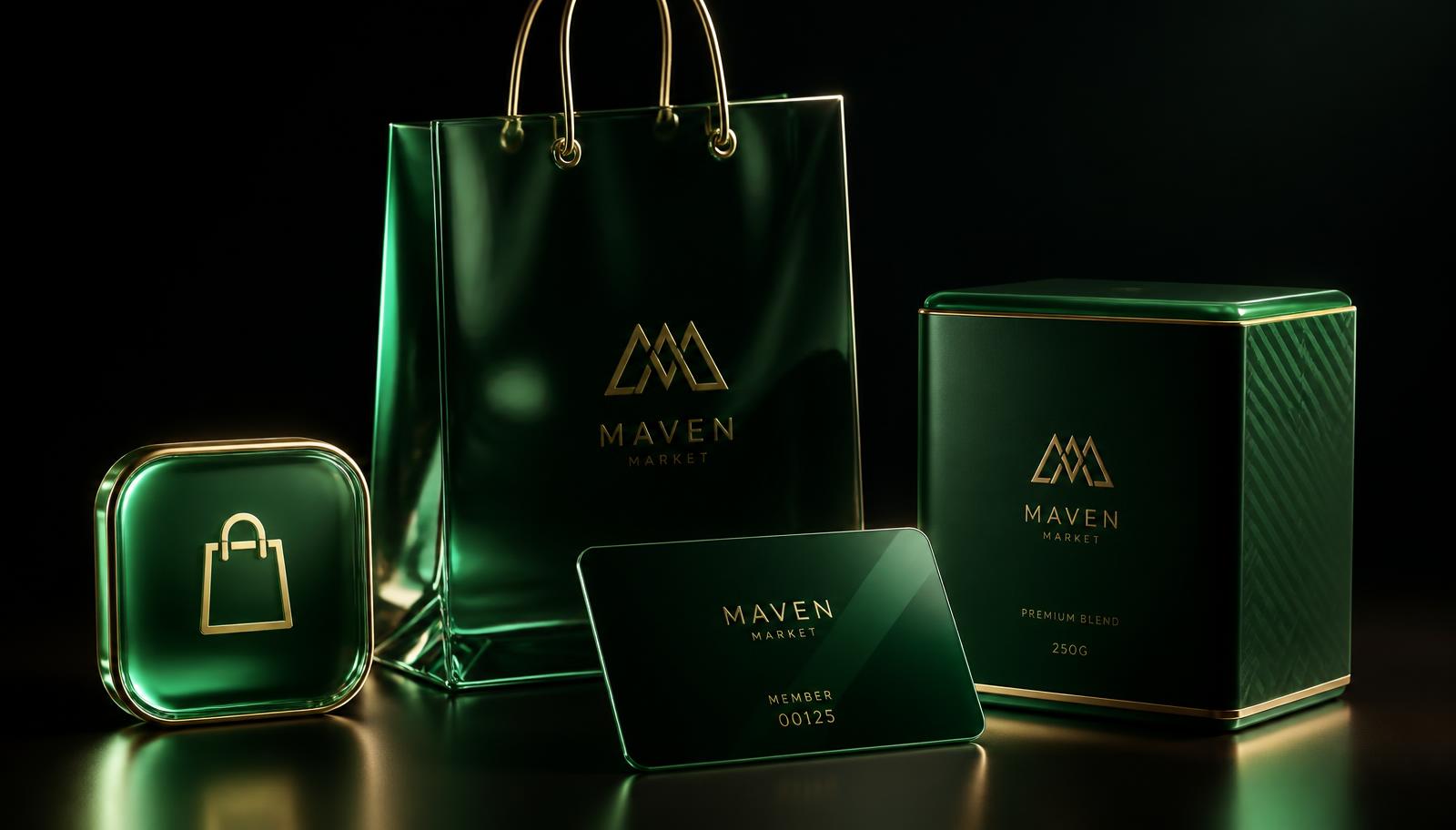 Glass renders of a creator brand's app icon, shopping bag, membership card, and product box in emerald and gold