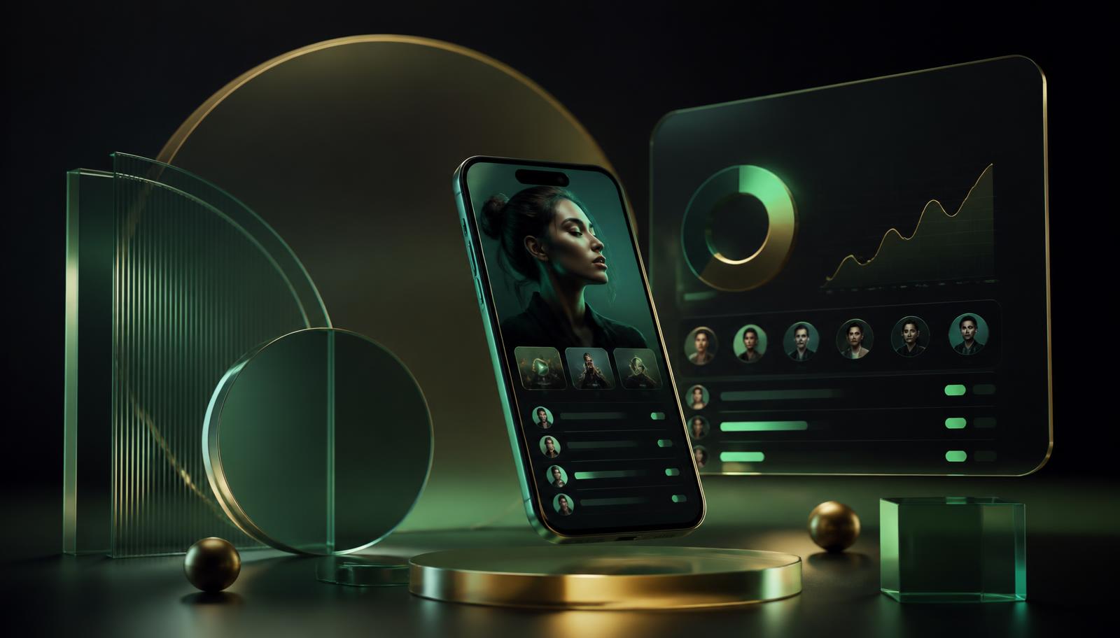 Glass renders of a creator app and a subscription revenue dashboard in emerald and gold light