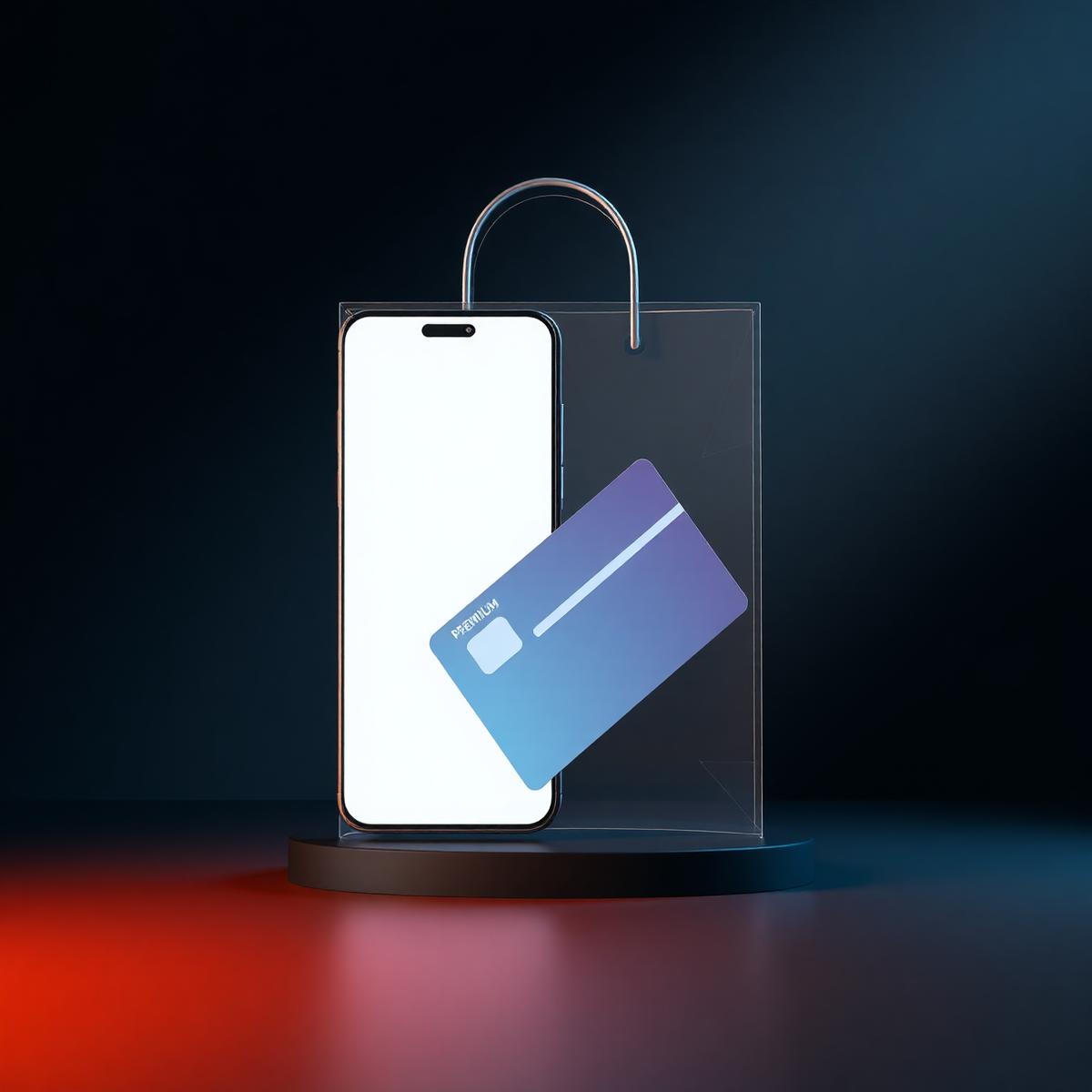 Glass renders of an app, payment card, and storefront representing venture types